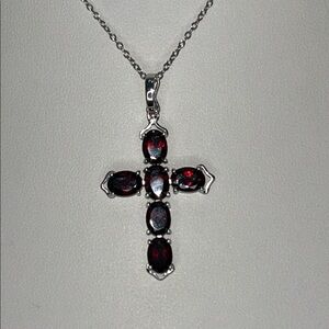 Chuck Clemency Sterling Silver & Red Garnet Gemstone Cross Pendant Necklace Boho